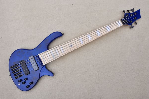 

factory custom 5 strings blue electric bass guitar,maple fingerboard,white pearl fret inlay,ash body,offer customized