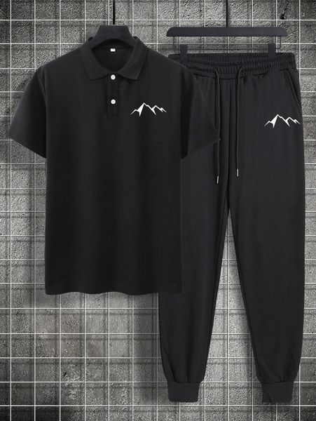 

men mountain print polo shirt & drawstring waist sweatpants z9sg#, Gray