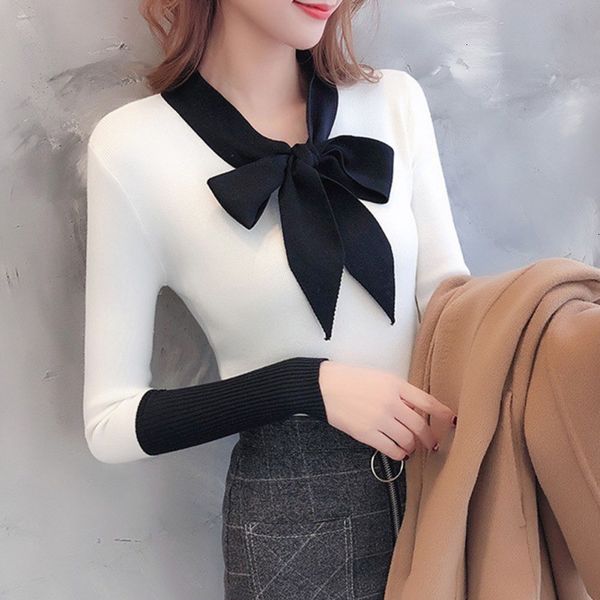 

office lady sweater women sweet bow solid v-neck sweater pullovers fashion patchwork knitted female, White;black
