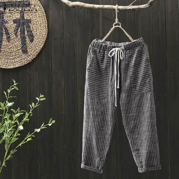 

women's pants & capris 2021 zanzea vintage striped spring trousers casual elastic waist long pantalon female palazzo drawstring, Black;white