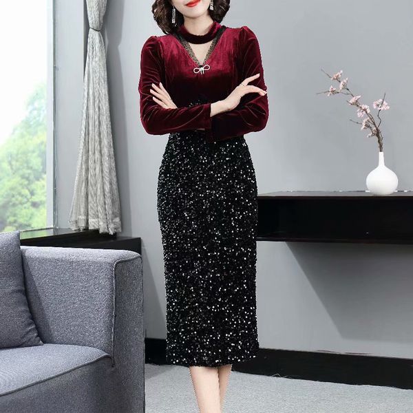 

designer spring new women bow knot appliques velvet sequin patchwork slim long sleeve elegant chic party fashion midi dress jap0, Black;gray