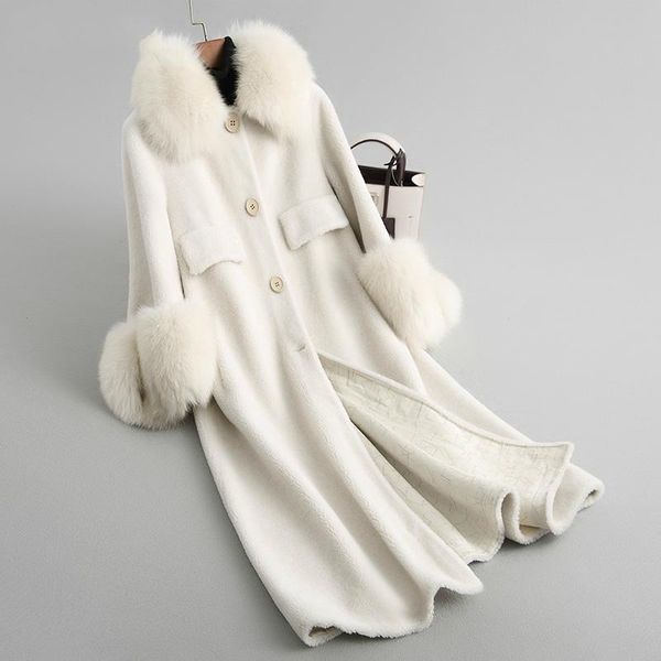 

women's fur & faux sheep women shearing coats real wool coat female long warm winter jacket natural collar outwear 2021 18120, Black