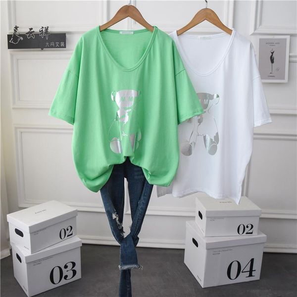

women's t-shirt summer women v neck loose casual t shirt short sleeve 2021 large size simple printed oversized tee teenager, White