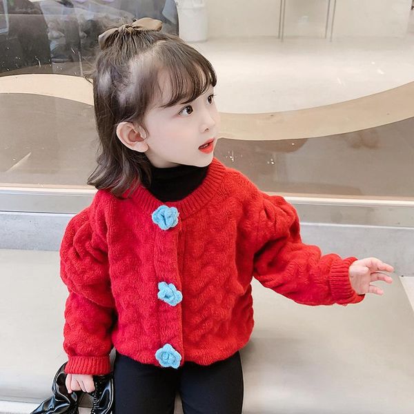 

jackets 2021 autumn winter girls coats children knitted cardigan sweater jacket fashion flowers kids outerwear outdoor student clothing, Blue;gray