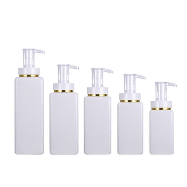 110 ml, 220 ml, 300 ml, 500 ml, quadratische Shampoo-Verpackungsflaschen, weiße, transparente leere Kosmetikflasche aus Kunststoff mit Gold-/Silberrand-Pump-Duschgel-Unterflasche