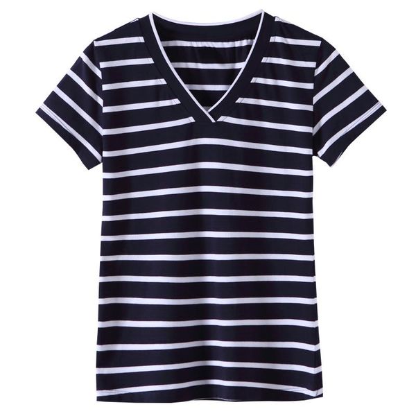 Женская футболка 2021 лето с короткими рукавами полосатая рубашка женская Тонкий V-образным вырезом Шитье Хлопок Большой размер основывая