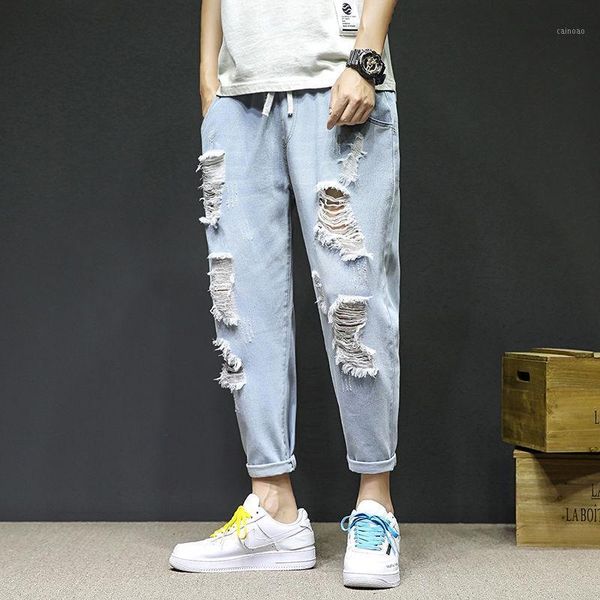 

men's pants spring and summer ripped jeans feet plus size loose outdoor elastic waist, Black