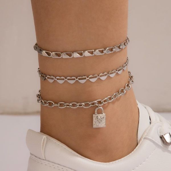 

anklets 3pcs/sets silver color heart lock for women fashion hollow geometric adjustable foot chain jewelry gift 16661, Red;blue