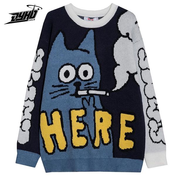

hip hop harajuku mens sweater funny smoking cat pattern streetwear women sweater oversized pullover casual autumn male, White;black