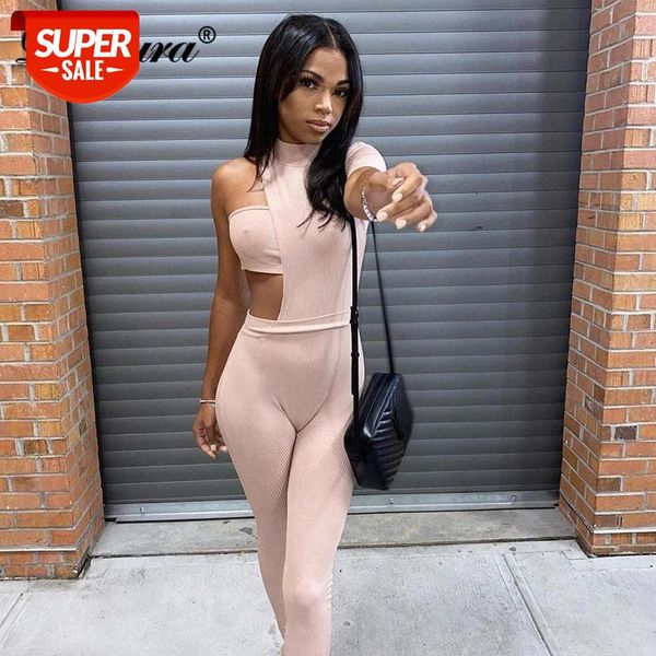 

Dulzura Ribbed Stripe Women Short Sleeve Jumpsuit One Shoulder Patchwork Hollow Out Slit Skinny Sexy Club Streetwear 2021 Summer #7060, White
