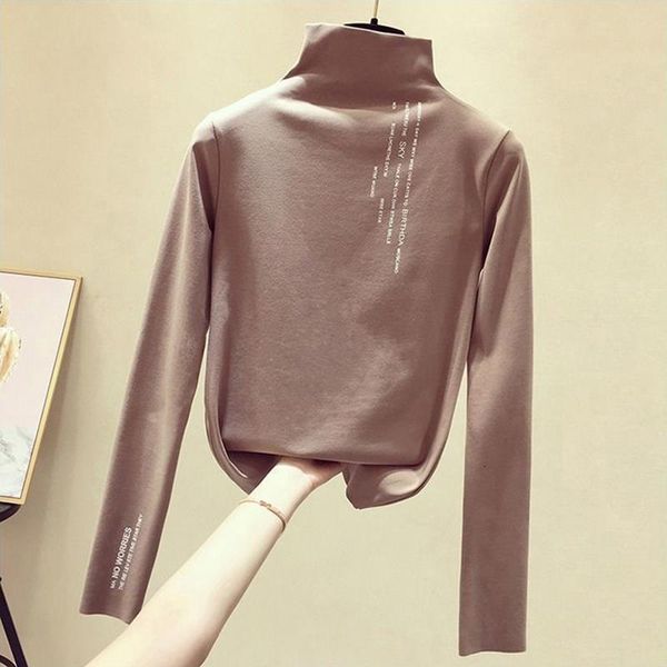 

spring autumn bottoming shirt women half-high collar t-shirt letter solid color long sleeve t shirt lady casual tees female, White