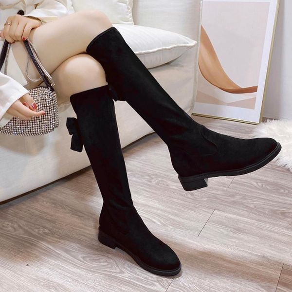 

boots women's mid calf female shoes round toe thigh high heels luxury designer winter footwear boots-women ladi, Black