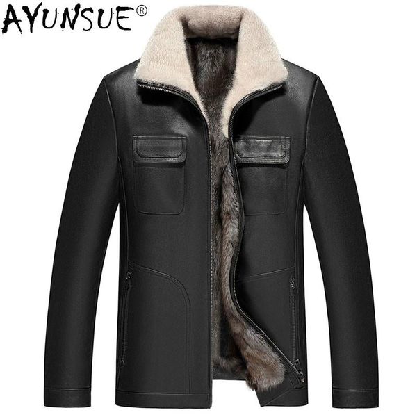 

men's leather & faux ayunsue men clothing 5xl winter real jacket mens goatskin shearling jackets 100% coat ropa hombre lxr366, Black