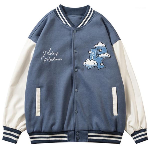 

men's jackets 2021ss autumn outerwear baseball jacket men cloud letter patch patchwork leather college style casual high street bomber, Black;brown