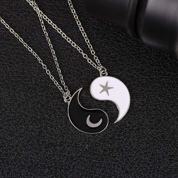 

chains punki tai chi gossip black and white oil drops moon stars stitchable pendant male female friends couple necklace, Silver