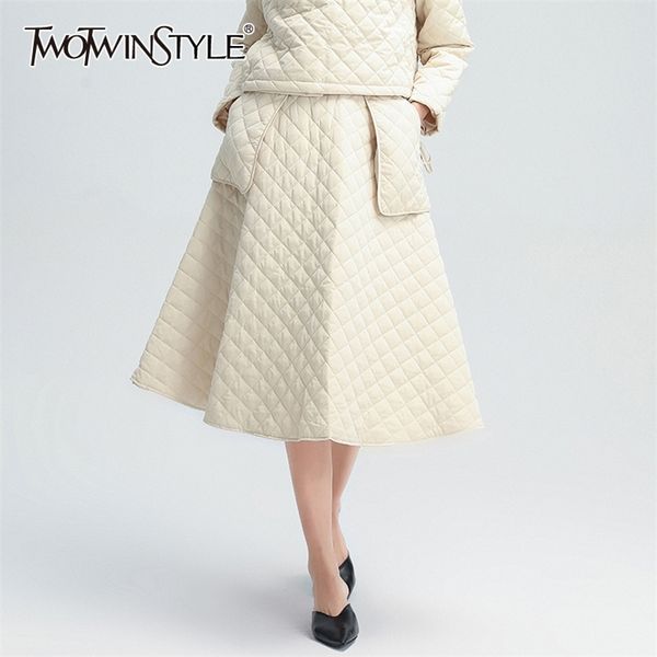 

twotwinstyle plaid black skirt for women high waist pocket large size casual loose a line skirts female winter fashion new 210315