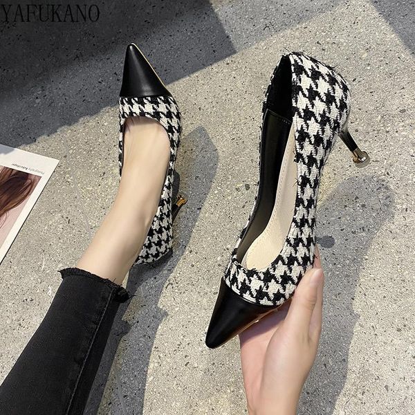 

dress shoes elegant stitching plaid high heels party womens stiletto pointed toe single temperament french lady pumps trend, Black