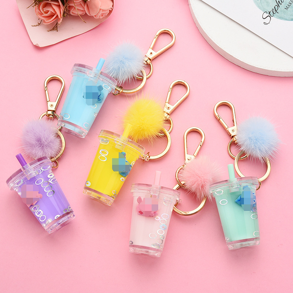 

acrylic quicksand favor key chain pendant milk tea cup stevie floating car creative mink hair car key chain
