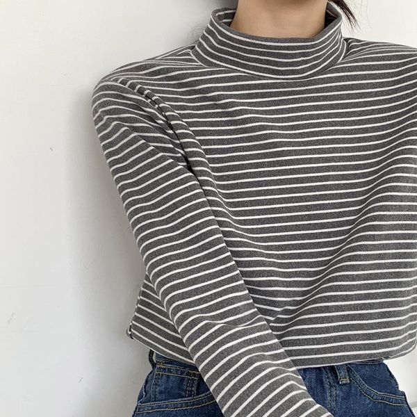 

women's t-shirt stripe ladies casual t shirt fashion long sleeved bottoming high neck slim harajuku all match skinny autumn, White
