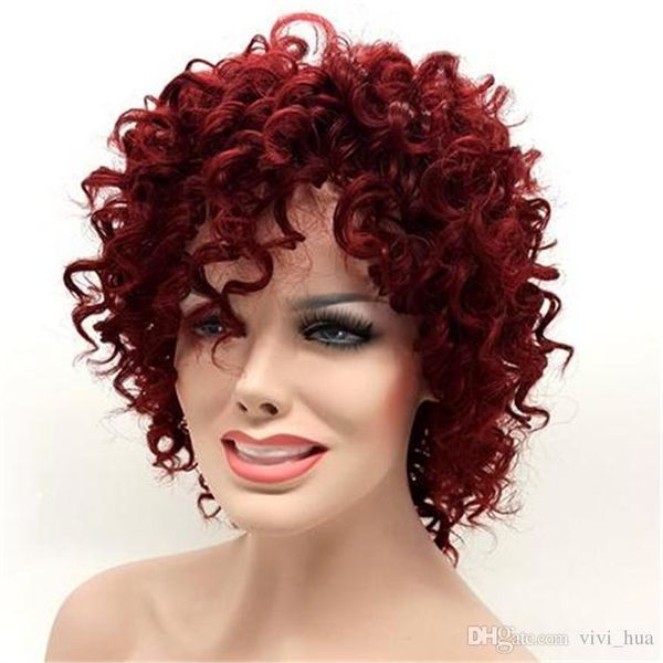 

rihanna's same hairstyle afro kinky curly short wigs for black women burgundy 15 inch wine red synthetic hair pelucas perruque afro per