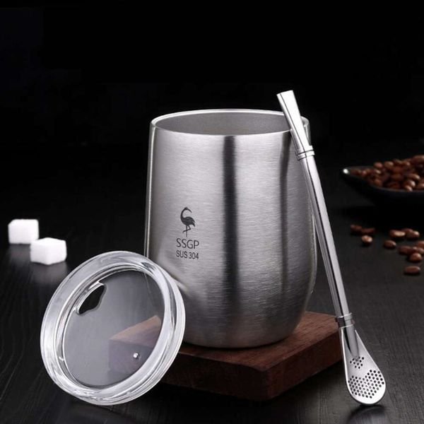 

double wall 304 stainls steel cup tea mug with lid heat ristant portable beer cup with spoon straw
