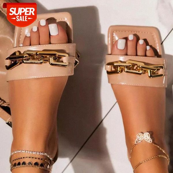 

2021 summer elegant women's slippers fashion new metal chain decoration mules slides pumps square toe ladies zapatillas casa #wr7r, Black