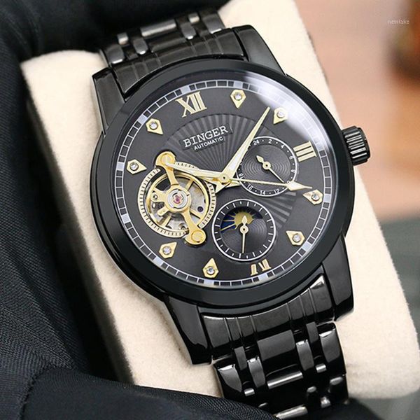 

wristwatches binger brand mens mechanical watches automatic tourbillon skeleton watch men relogio masculino reloj hombre montre moonphas, Slivery;brown