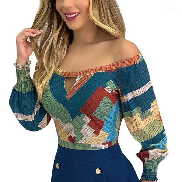 

women's t-shirt women t-shirts off shoulder camouflag color block printed autumn long sleeve pullover casual knitted geometric, White