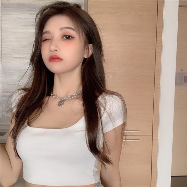 

women's t-shirt 2021 elegant square collar t-shirts women solid color slim fit short sleeve female knitted cropped, White