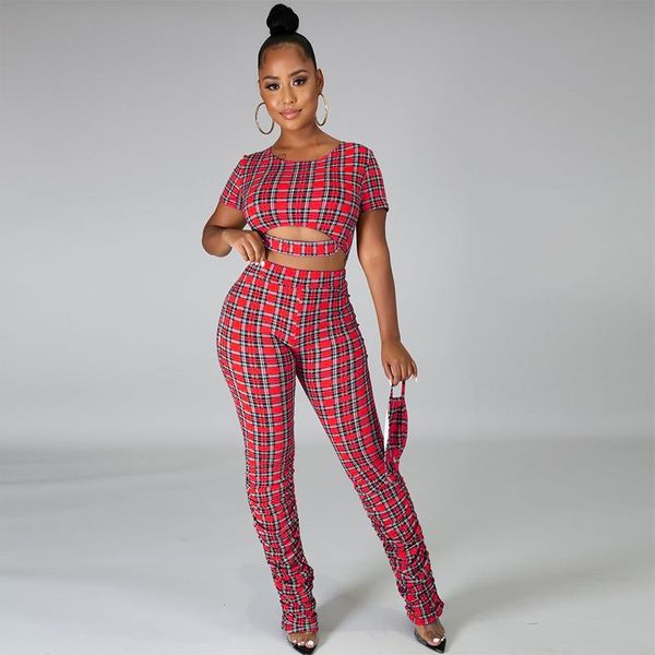

women's two piece pants summer plaid set women fashion casual print short stacking trousers, White