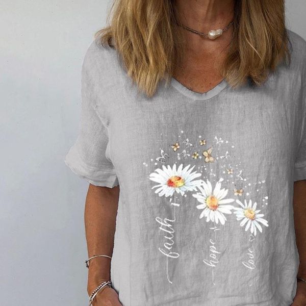 

feitong soft cotton linen shirt blouse womens casual daisy print o neck short sleeves shirt blouse female blusa, White
