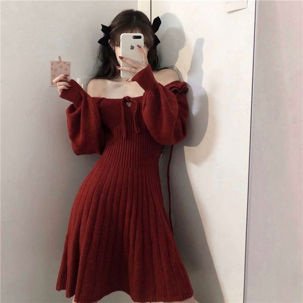 

temperament women new red knitted dress in autumn 2021 for hot, Black;gray