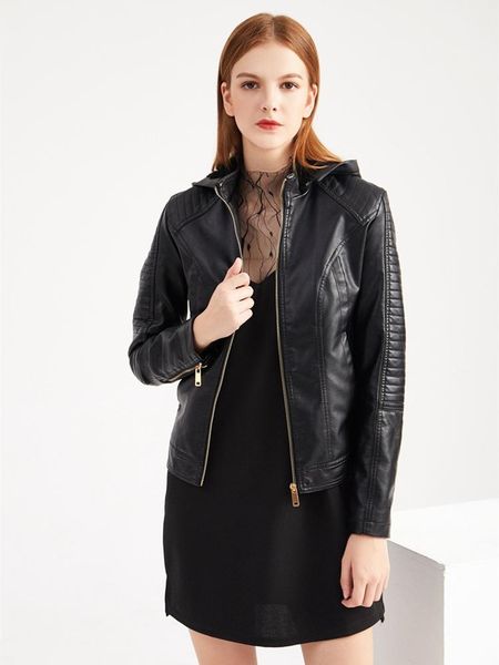 

women's leather & faux jacket black moto biker zipper coat winter plus velvet