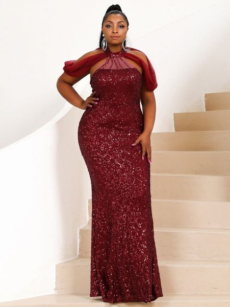 

seomiscky plus contrast mesh cut out sequins prom dress f7my#, Black