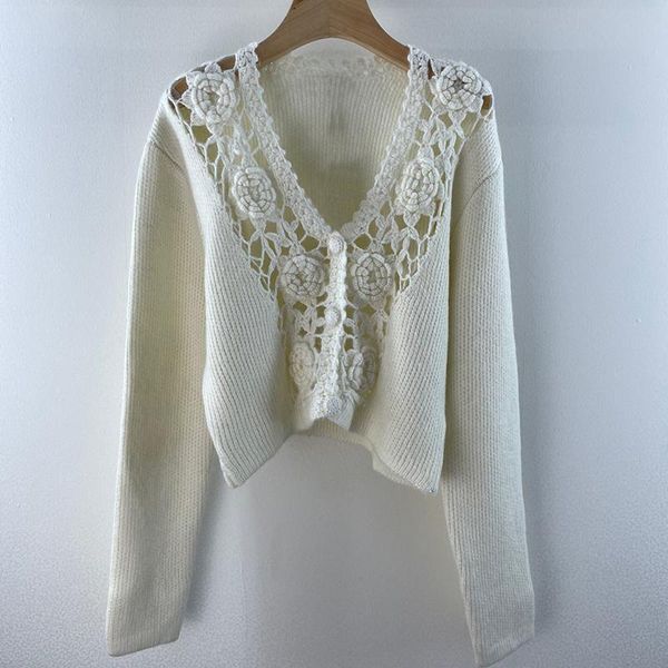 

women's knits & tees 2021 autumn winter elegant handmade wool cardigan women hollow out v-neck flowers fashion loose short sweat, White