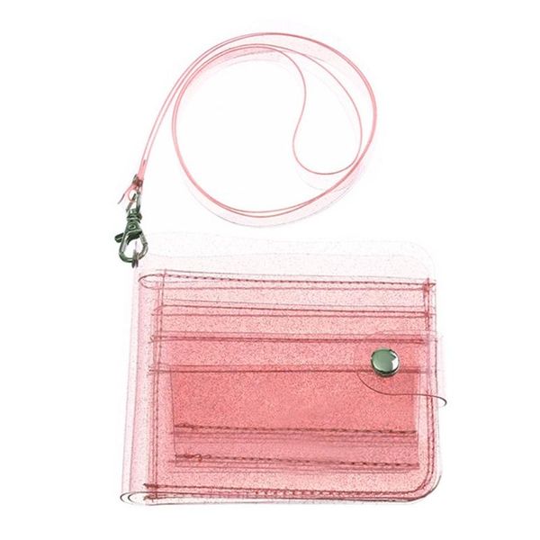 

card holders portable women clear wallet lanyard cute glitter bifold purse holder pouch office work, Brown;gray