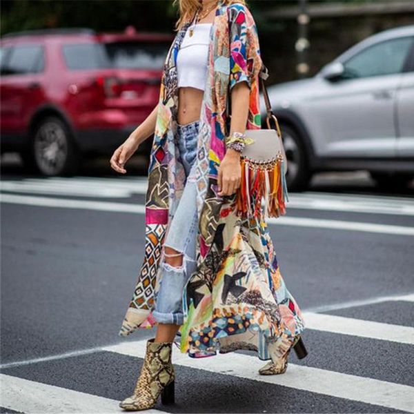 

women's blouses & shirts 2021 women beach kimono cardigan long blouse sunscreen floral print shawl beachwear cover up blusas mujer de, White