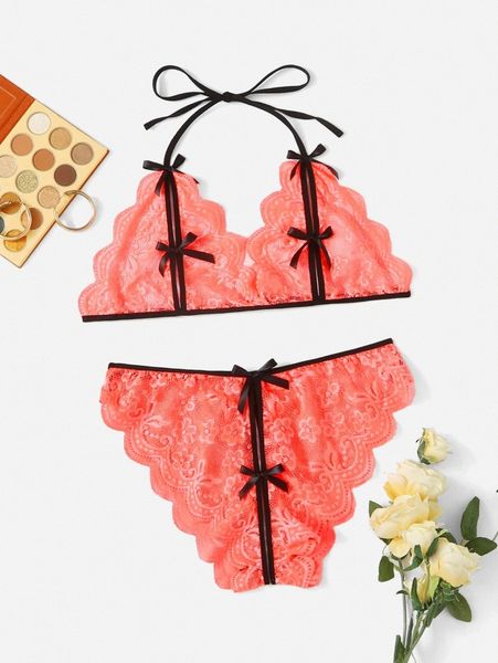 

plus floral lace scallop trim lingerie set t7sf#, Black;white