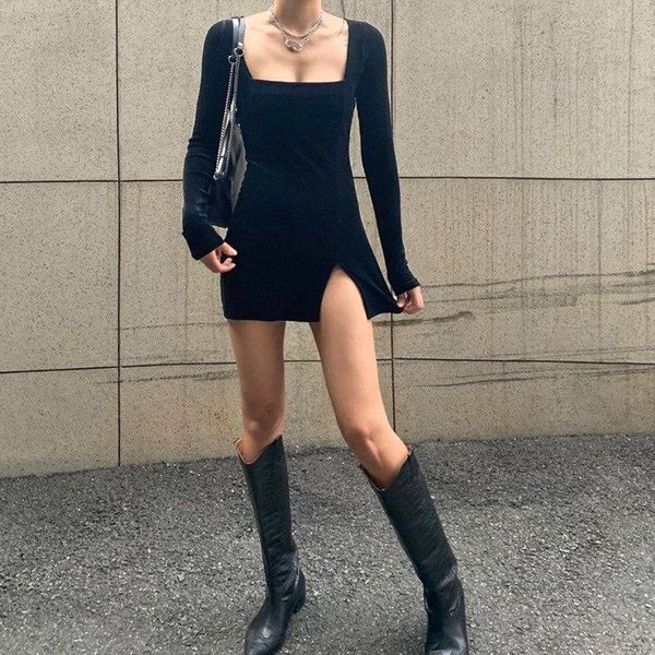

casual dresses women\u2021s long-sleeved dress fashion solid color square collar split skinny short, Black;gray