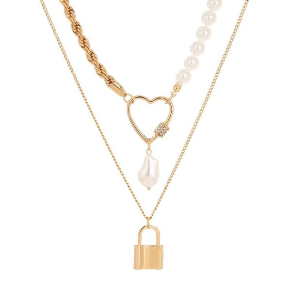 

pendant necklaces twist stitching multi-layer heart-shaped baroque pearl necklace for women double lock-shaped jewelry female, Silver
