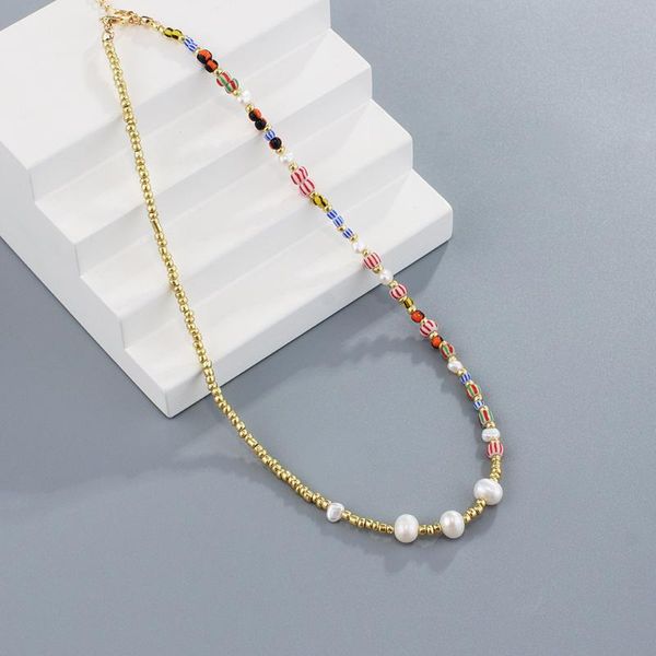 

chokers 2021 fashion rice bead necklace boho style hand woven pearl choker for women retro simple clavicle chain jewelry, Golden;silver