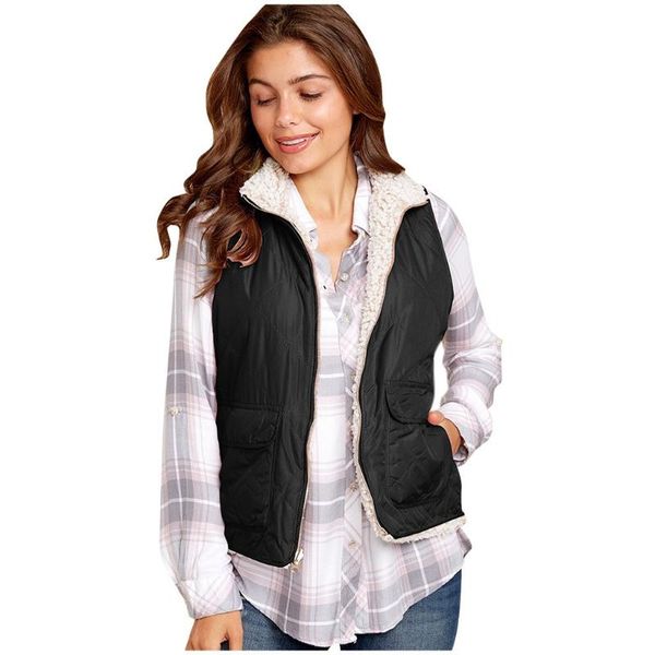 

women's fall/winter front and back can wear cotton jacket women's solid sleeveless jacket plush zipper pocket reversible, Black;brown