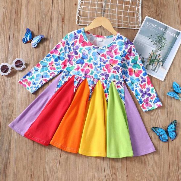 Nova Moda Primavera Autumrainbow Manga Longa Algodão Borboleta Bebê Bebê Menina De Algodão Vestidos Para Crianças Princesa Meninas Vestido G1026