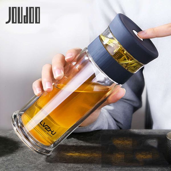 

400ml busins type water bottle glass bottle with stainls steel tea infuser filter double wall glass sport water tumbler 35