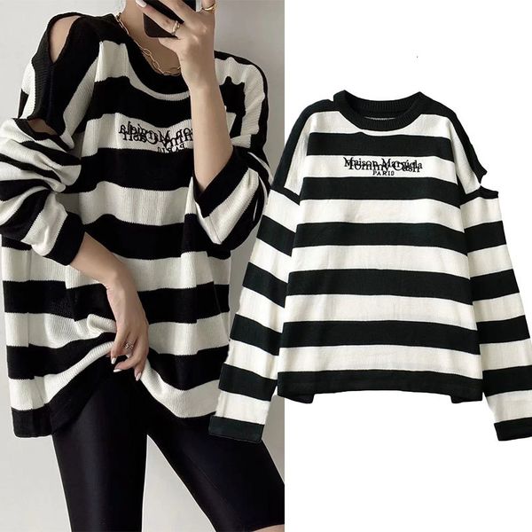 

women's sweaters za autumn striped female sweater print long sleeve chic vintage shirt streetwear slkw, White;black