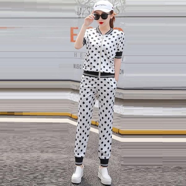 

white women tracksuits 2021 new summer fashion elegant polka dot pant suit 2 piece set runway shirt pants sets women, Gray
