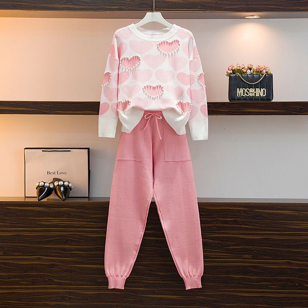 

2021 2 women knit outfits love heart short sleeve o-neck + lace up waist ankle harem pants new two piece set c394, Blue