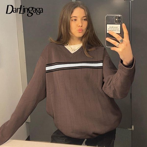 

darlingaga v neck vintage stripe brown sweater knitted casual loose autumn winter pullover oversized woman sweaters jumpers, White;black