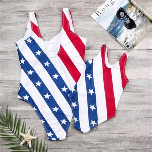 

one-piece suits family matching swimsuit women baby girl us flag printed swimwear mother daughter swimsuits 2021 look beachwear