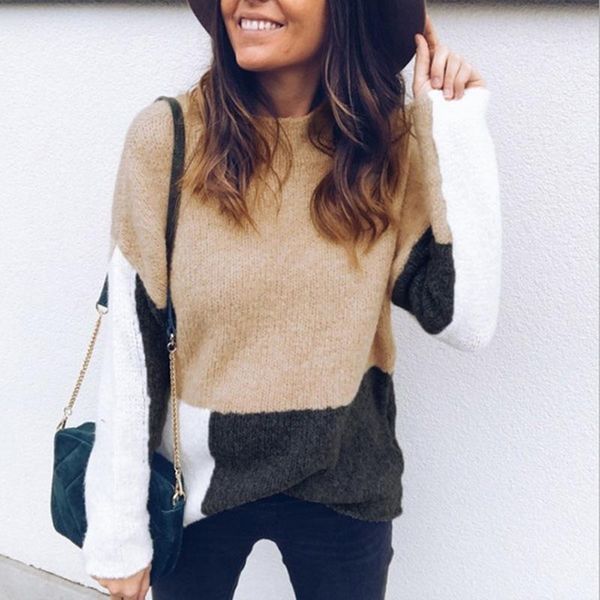 

women's sweaters round neck features patchwork color comfortable coat fashion women casual long sleeve knitted sweater pullover, White;black